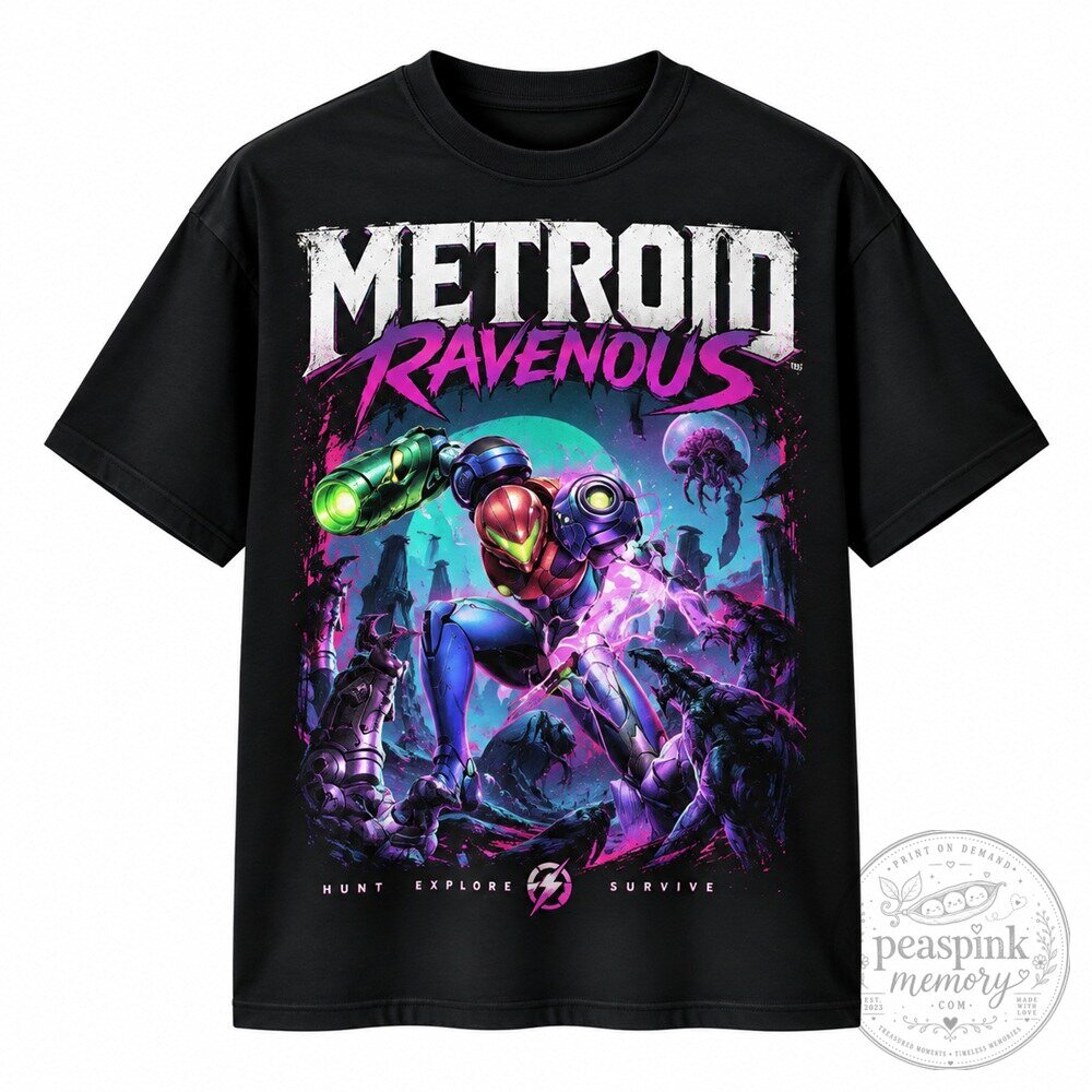 Metroid-Inspired Sci-Fi Graphic T-Shirt Black Short Sleeve Gamer Fan Tee