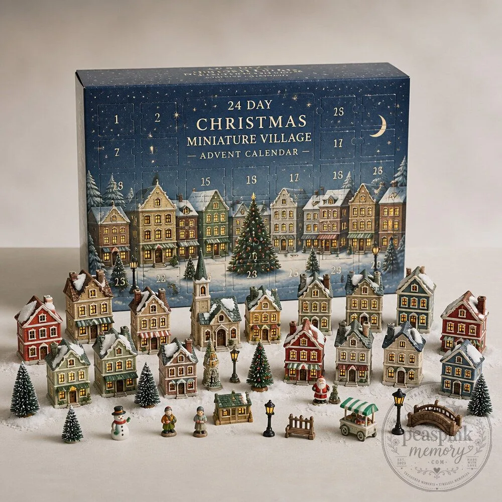 Christmas Miniature Village Advent Calendar With Tiny Houses and Display Scene