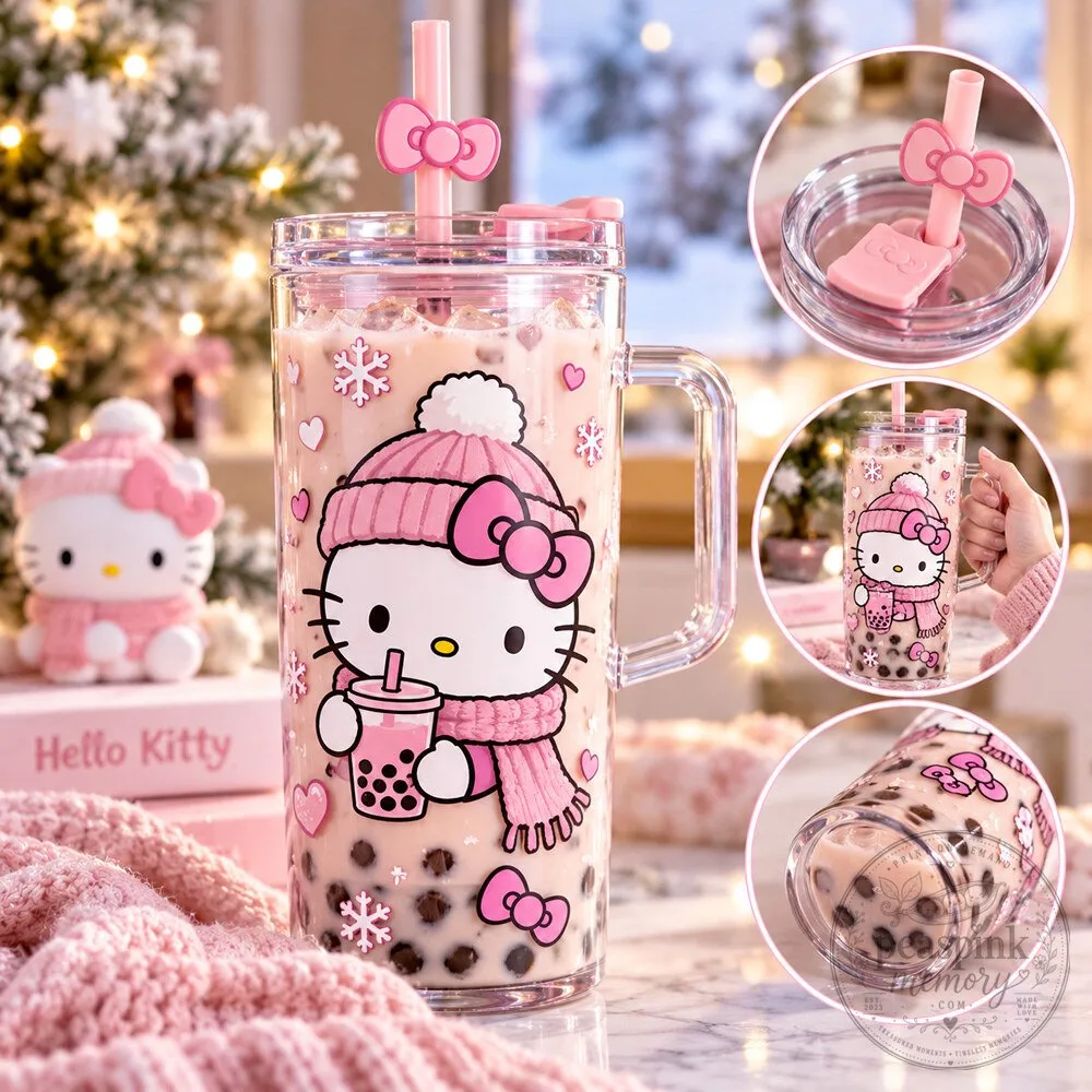 Hello Kitty Pink Winter Beanie Scarf Glass Boba Tumbler Cup with Straw