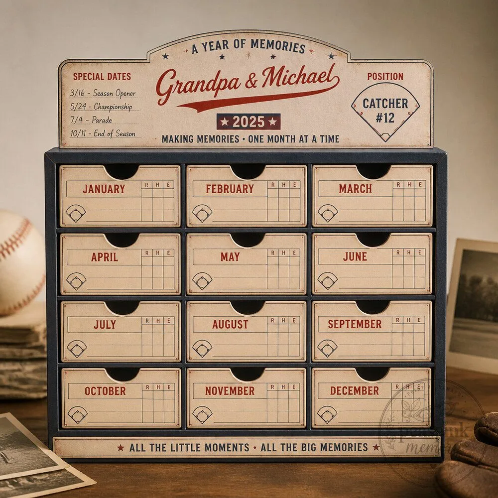 Personalized Baseball Memory Calendar With Monthly Compartments for Grandparent and Child