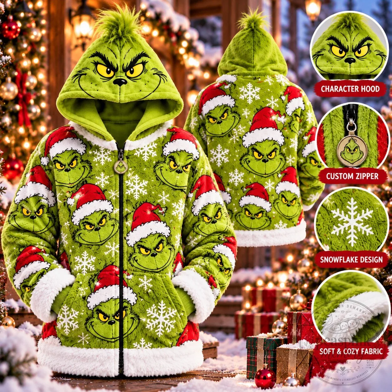 Grinch Snowflake Christmas Hoodie Zip Up Plush Costume Jacket 2026